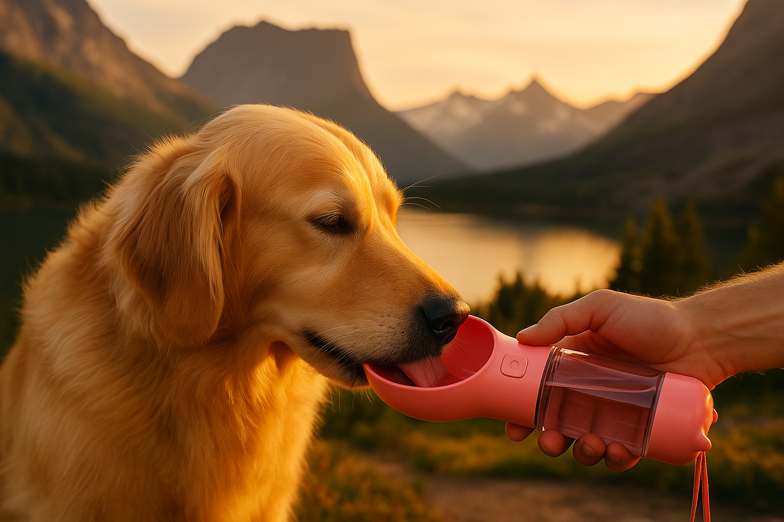 Luxurious mountain scene with dog drinking from O-shaped bowl